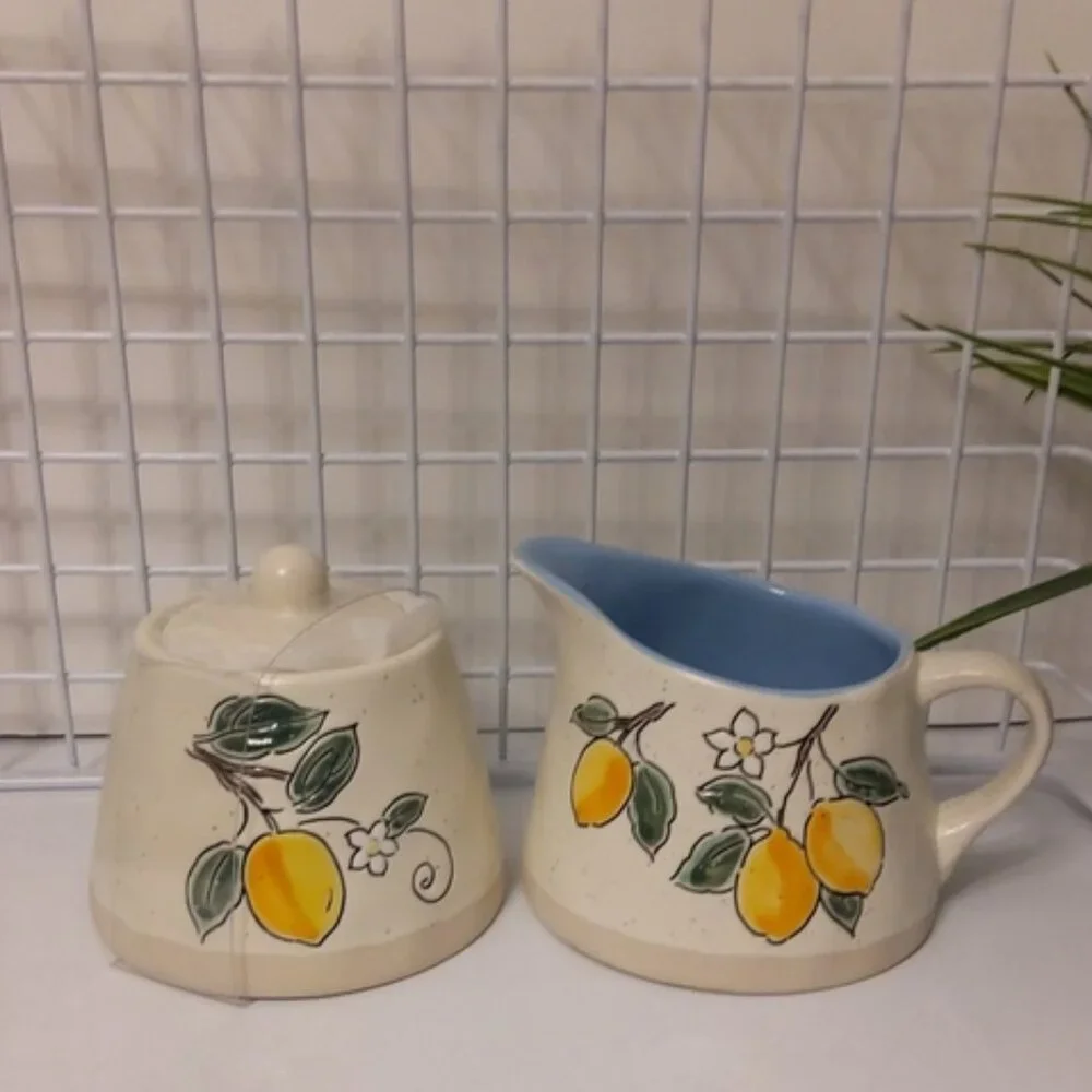 Spectrum Designz Lemons Sugar Bowl W/ Lid & Creamer Pot, NWOT